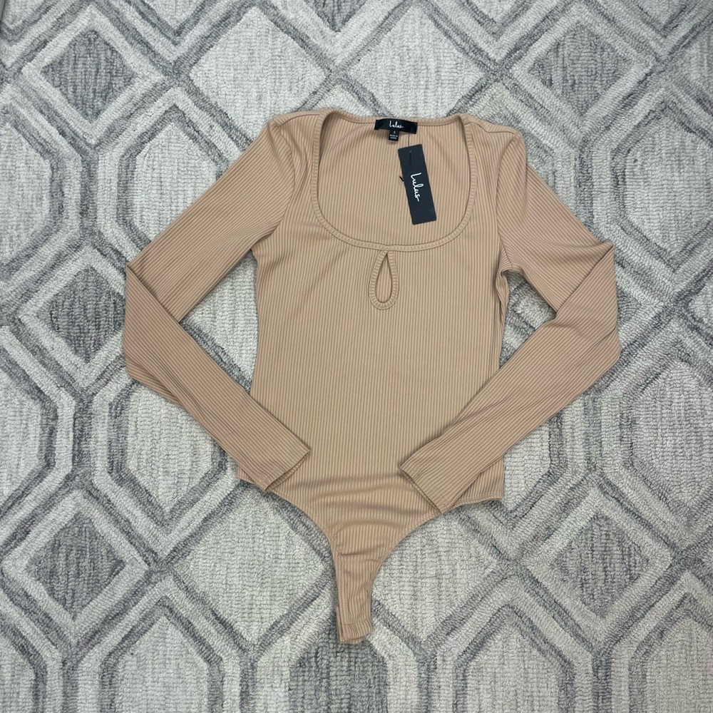 Lulus Beige Above Basic Keyhole Long Sleeve Bodysuit SMALL